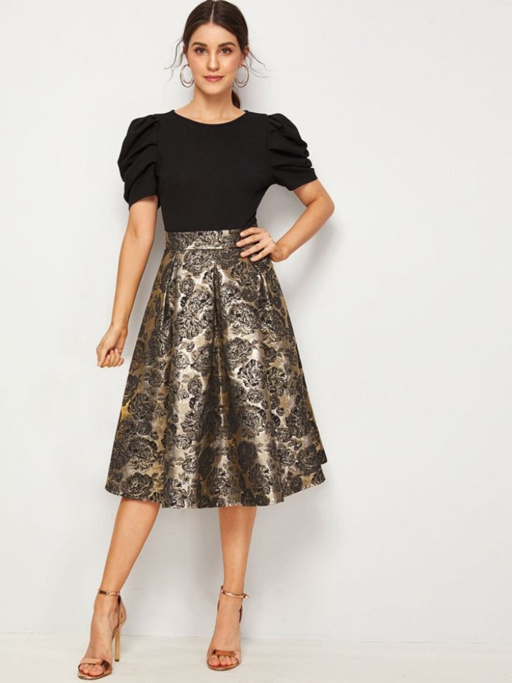 SHEIN Fit & Flare Black & Gold Jacquard Midi Dress - Puff Sleeve - Large US 8/10